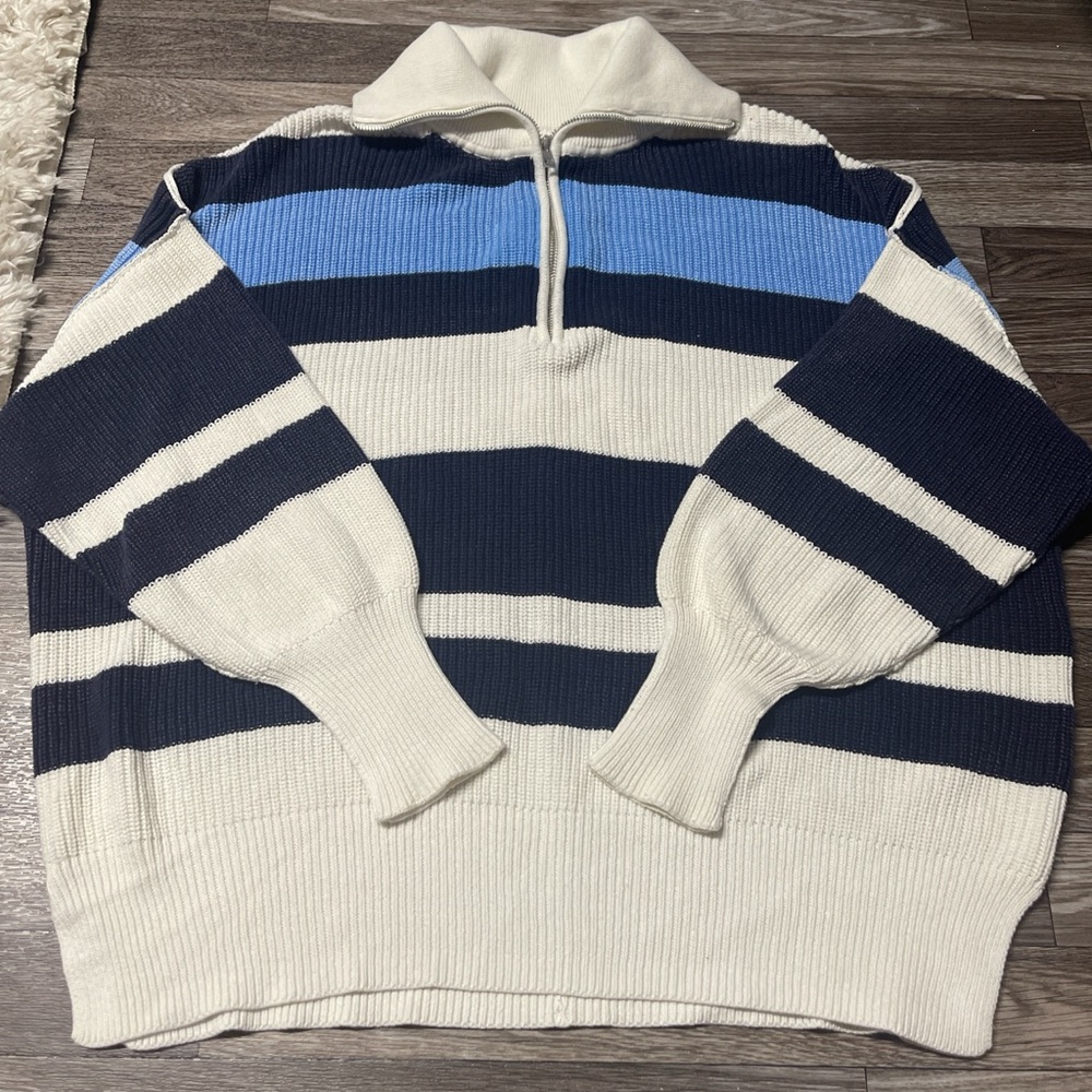 Aerie Men's Zip Up Sweater - Navy, Blue, and White